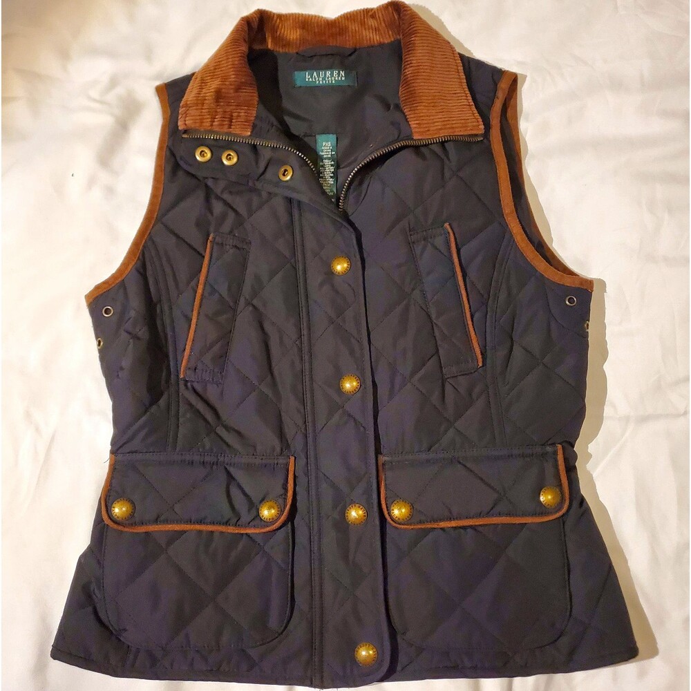 Lauren Ralph Lauren Petite PXS Quilted Black Vest Corduroy Collar Zip/Snap